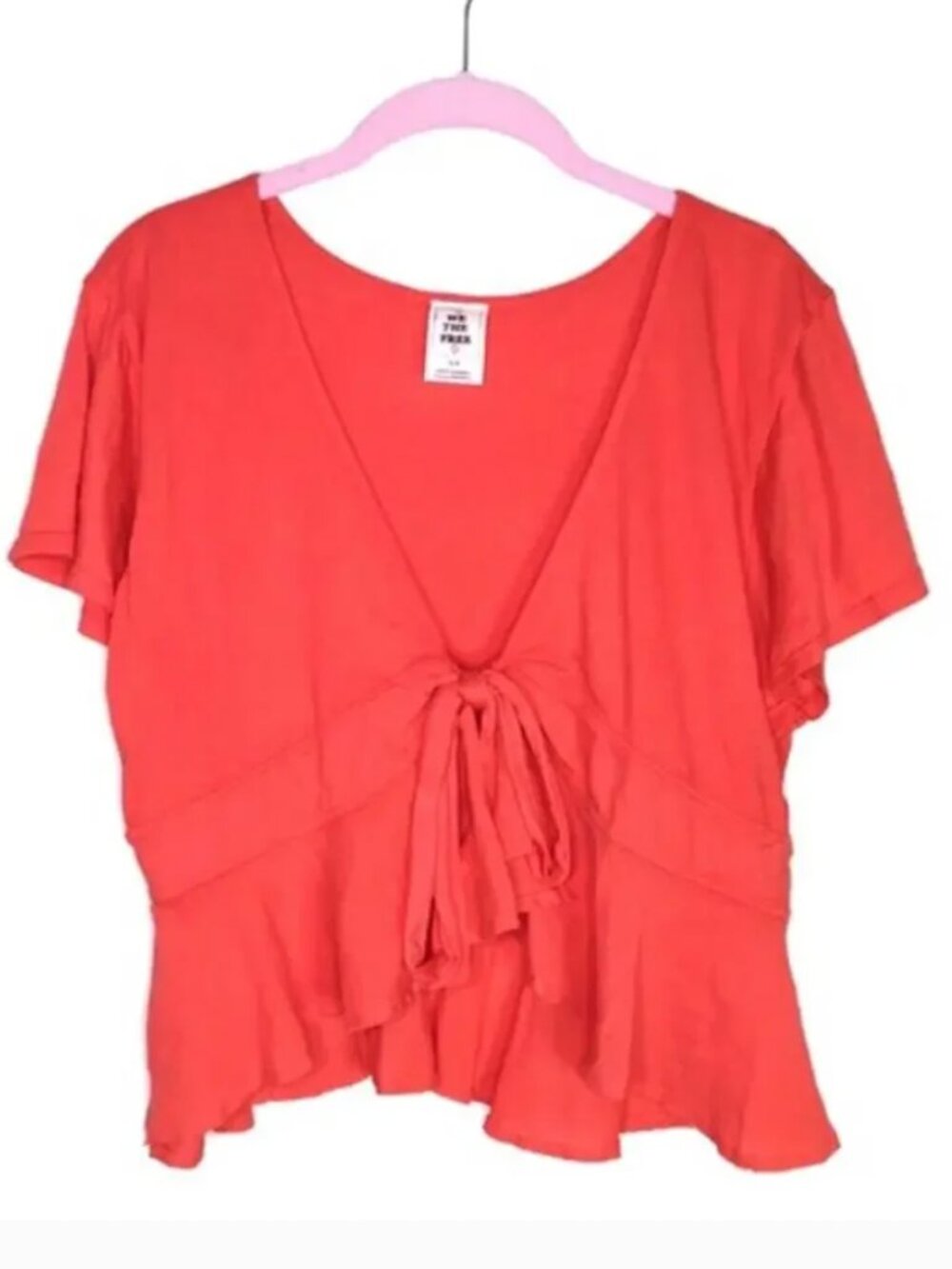 Free People Knot For Me Hot Red Orange Bittersweet Tie Front Top Med